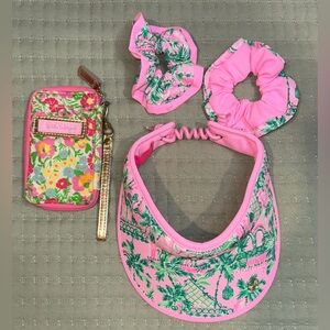 Lilly Pulitzer Tropical Pink and Green Visor wristlet and 2 scrunchie Set. VGUC